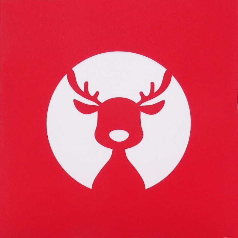 May include: A white silhouette of a reindeer with antlers against a red background.