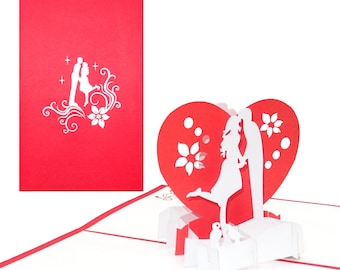 Pop Up Karte "The Kiss - Red Heart" 3D Hochzeitskarte, Verlobungskarte, Valentinskarte - mit Umschlag zu Valentinstag, Verlobung & Hochzeit