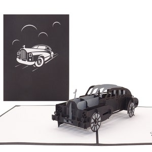 Carte pop-up « Oldtimer » argentée et noire – Carte d'anniversaire 3D, carte de félicitations pour permis de conduire avec modèle de voiture comme chèque cadeau