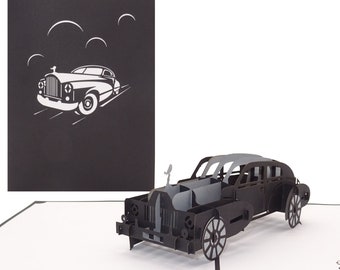 Pop Up Card "Oldtimer" Silver & Black - 3D Birthday Card, Congratulations Card for Driving License with Car Model as a Gift Voucher