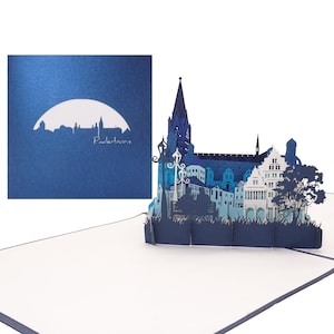 Cartão 3D “Paderborn – Panorama com Catedral de Paderborn”, cartão de felicitações pop-up como lembrança, vale de viagem, vale presente, cartão com envelope