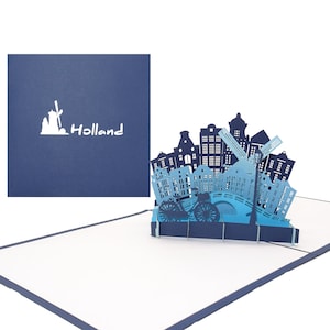 Pop-Up Karte „Panorama Amsterdam“ - 3D Grußkarte Holland mit Windmühle als Gutschein, Einladung, Deko, Reisegutschein & Geburtstagskarte