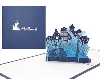 Pop-Up Karte „Panorama Amsterdam“ - 3D Grußkarte Holland mit Windmühle als Gutschein, Einladung, Deko, Reisegutschein & Geburtstagskarte
