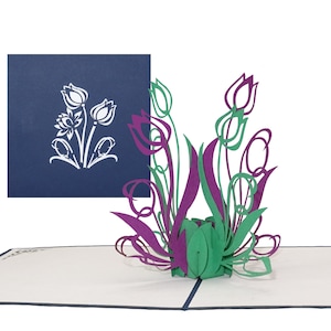 Pop-Up Karte "Tulpen" Grün & Lila - Blumenkarte, Geburtstagskarte, Blumengrüße aus Papier Klappkarten, Geldgeschenk, Genesungsgruß