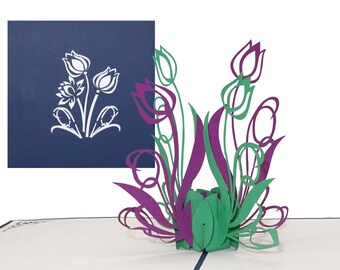 Carte pop-up « Tulipes » vertes et violettes - carte de fleurs, carte d'anniversaire, vœux floraux en cartes pliantes en papier, cadeau d'argent, vœux de rétablissement