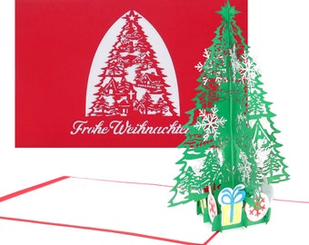 Pop Up Karte Weihnachten „Tannenbaum & Geschenke“ hochwertige 3D Weihnachtskarte mit Umschlag