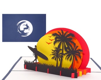 3D Pop Up Grußkarte "Surfer Sunset Beach" Reisegutschein Surftrip, Surfer Geschenk Gutscheinkarte Geburtstagskarten Surfboard Geschenkkarte