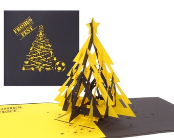 Pop Up Karte "Tannenbaum Schwarz & Gelb" - 3D Weihnachtskarte als Fussball Fanartikel Weihnachten Dortmund, Aaachen u.a.