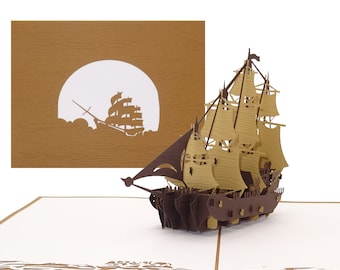 Pop Up Card "Sailing Ship - Four-Master" Large 3D Birthday Card with Envelope - Travel Voucher Ship Boat Greetings Card Sailing Boat