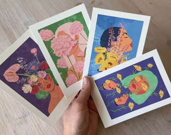 Ensemble de 4 tirages d'art au format A6 « Filles et fleurs » Illustrations de Raissa Oltmanns