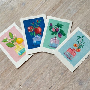 Set of 4 Mini Art Prints 10x15 cm “Fruits in Vase” Illustration by Raissa Oltmanns