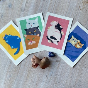 Lot de 4 mini-tirages d'art 10 x 15 cm « Cat Love », illustration de Raissa Oltmanns