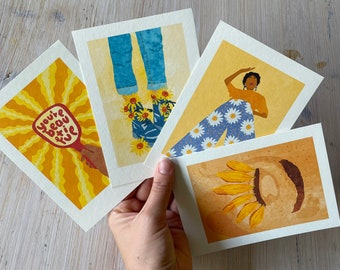 Set of 4 Art Prints in A6 “Sunshine Lover” Illustrations by Raissa Oltmanns