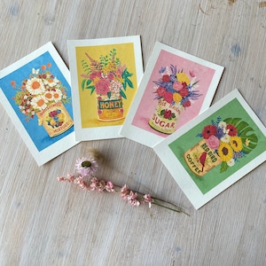 Lot de 4 mini-tirages d'art 10 x 15 cm « Fleurs dans une boîte vintage » Illustration de Raissa Oltmanns