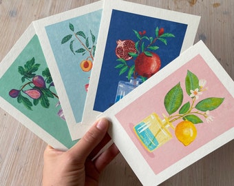 Ensemble de 4 tirages d'art au format A6 « Fruits dans un vase » Illustration de Raissa Oltmanns