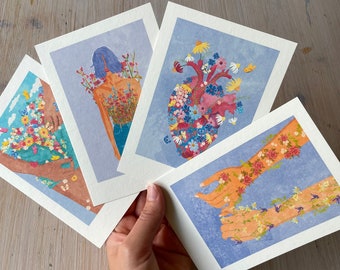 Ensemble de 4 tirages d'art au format A6 « Fleurs partout » Illustrations de Raissa Oltmanns