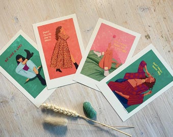 Ensemble de 4 mini-reproductions d'art 10 x 15 cm « Prenez votre place », illustration de Raissa Oltmanns