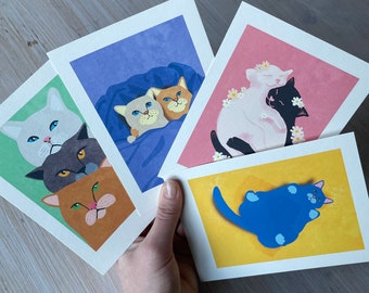 Ensemble de 4 tirages d'art au format A6 « Cat Love » Illustration de Raissa Oltmanns