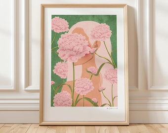 May include: A digital illustration of a person's face partially obscured by pink flowers. The background is a green and pink colour.