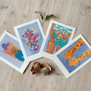 Set van 4 mini-kunstdrukken 10 x 15 cm "Bloemen overal" Illustraties door Raissa Oltmanns