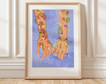 May include: Two hands are intertwined, with flowers growing from their skin. The flowers are a mix of pink, purple, and white, and the background is a light blue watercolour wash. The text "B.O.A.R.D." is in the bottom right corner.