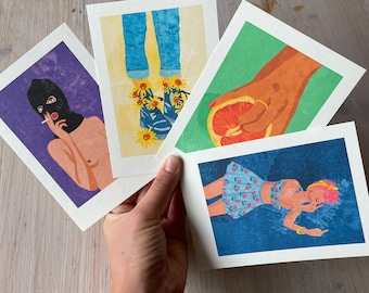 Set di 4 stampe artistiche in formato A6 “Strong Woman” Illustrazione di Raissa Oltmanns