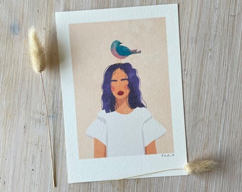 Art Print „Girl with Bird“ Illustration von Raissa Oltmanns