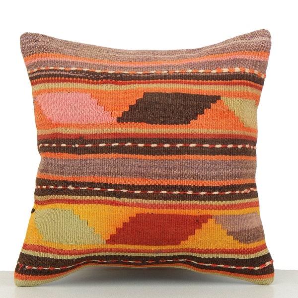 Kilim Pillow Striped Orange Brown 18x18 Turkish Boho Pillow Woven Wool Sofa Cushion 45x45 Vintage Pillow