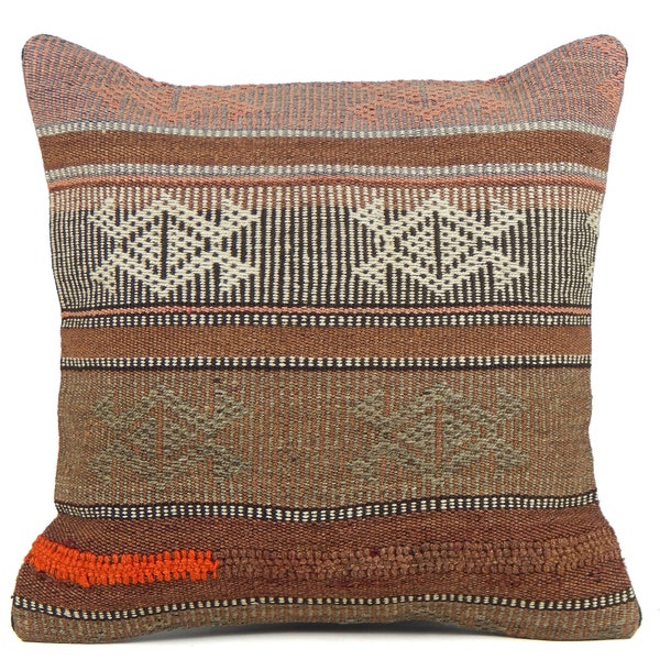 Brown Kilim Pillow 16x16, Turkish Throw Cushion 40x40, Woven Rug Pillowcase, Wool Sofa Pillow, Kelim Kissen, Boho, Geometric