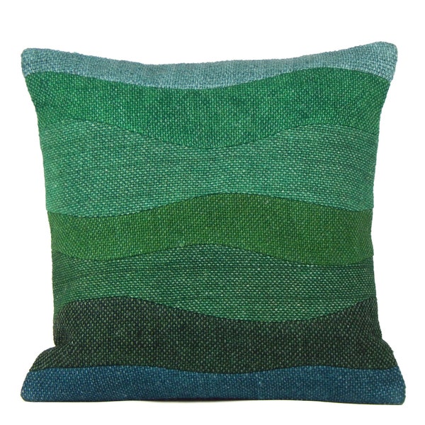 Green Woolen Pillow, Woven Cushion 16x16, Teal Forest Sage, Abstract Textured Throw Pillow 40x40cm Modern Sofa Pillow