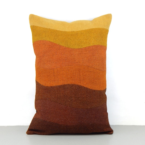 Sunset Lumbar Pillow, Retro Long Cushion, Wavy Woven Pillow, Mid Century Rectangular Pillow, Textured Woolen Pillow