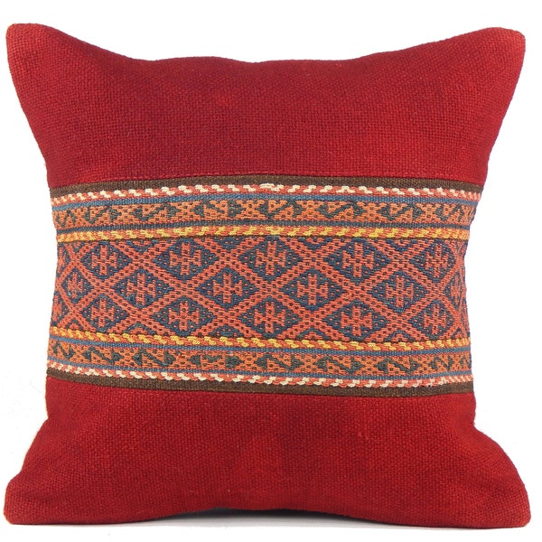 Kilim Pillow, Native Cushion, Tribal Throw Pillow, Woven Southwestern Pillow, Woolen Aztec Pillow, 16x16, Red, Bohemian Accent Sofa Pillow