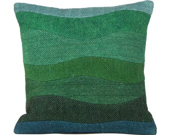Green Woolen Pillow, Woven Cushion 16x16, Teal Forest Sage, Abstract Textured Throw Pillow 40x40cm Modern Sofa Pillow