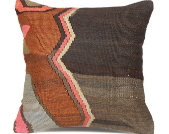 Kilim Pillow 16x16 Brown Gray Striped Throw Pillow Woolen Sofa Pillow Southwestern Boho Pillow 40x40cm