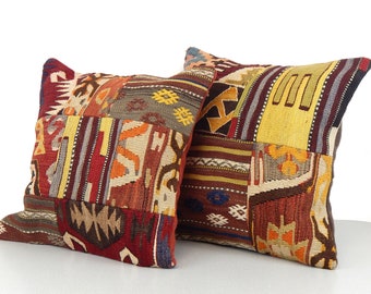 Kilim kussenset, patchwork kussenpaar, Boho kussens 18x18, levendige kleurrijke bankkussenslopen, handgemaakte Turkse kussens