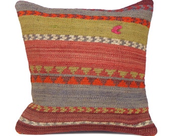 Kilim Pillow, Forest Green Beige, 16"x16", Traditional Patterned Turkish Rug Cushion Cover, Woven Pillowcase, Throw Pillow, Sofa Cushion