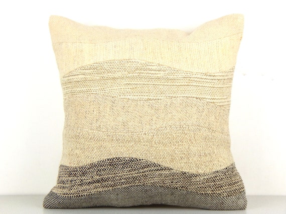 Natural Patchwork Pillow, 18x18, Wavy Rustic Cushion, White Cream Brown, Woolen Throw Pillow, Fading Landscape Cushion, 45x45 Sofa Pillow