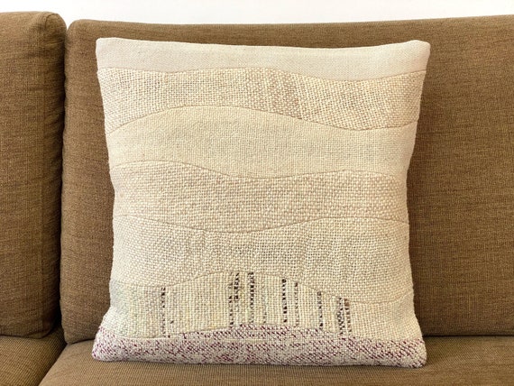 Patchwork Pillow 16x16, White Cream Gray, Handwoven Cushion, Woolen Throw Pillow, Textured, Wavy, Natural Sofa Pillow, Monochrome, Fading