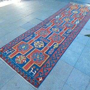 Rug Runner Blue Red 4x15 Long Kilim Vintage Geometric Hallway Rug Turkish Kitchen Rug Caucasian Avar Runner 131x451cm