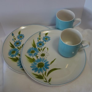 Pair of Blue and White Floral Snack Sets By Jonas Roberts Cera-Stone Kerry Blue Made in Japan Dishes with Daisies Cup and Plate Sets for Two