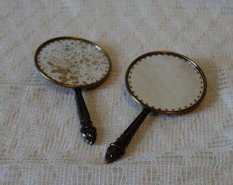 Antique French Style Brass Hand Mirrors: Miniature Vanity Pair