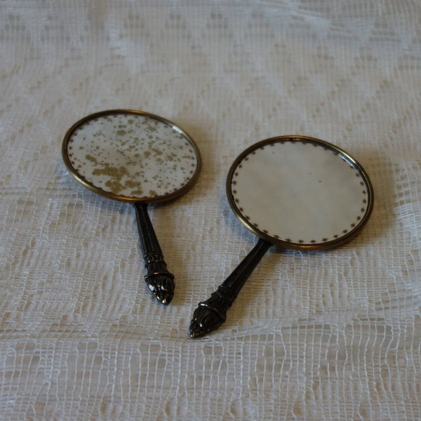 Pair of 19th Century Style French Brushed Brass Hand Mirrors, Two Miniature Vanity Mirrors, Antique Mirrors, Small Matching Hand Mirrors