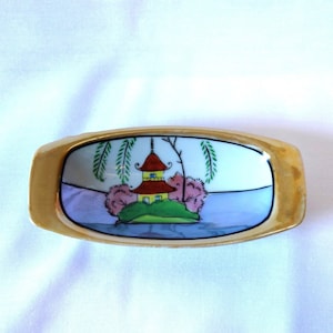 Hand Painted Gold Lusterware Trinket Tray: Pagoda Scene Porcelain Dish