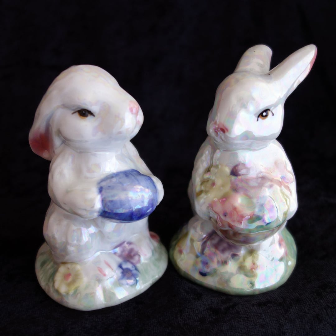 Iridescent Easter Rabbits, Shiny Bunnies, Porcelain Rabbit Figurines