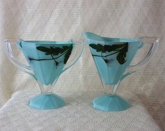 1920s Art Deco Sugar Bowl Creamer Set: Hand-Painted Robin's Egg Blue