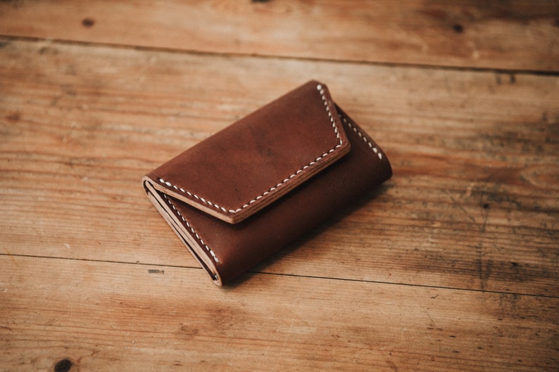 Hand stitched Leather concertina wallet, High Quality Oak Bark tanned, English leather Brown with White