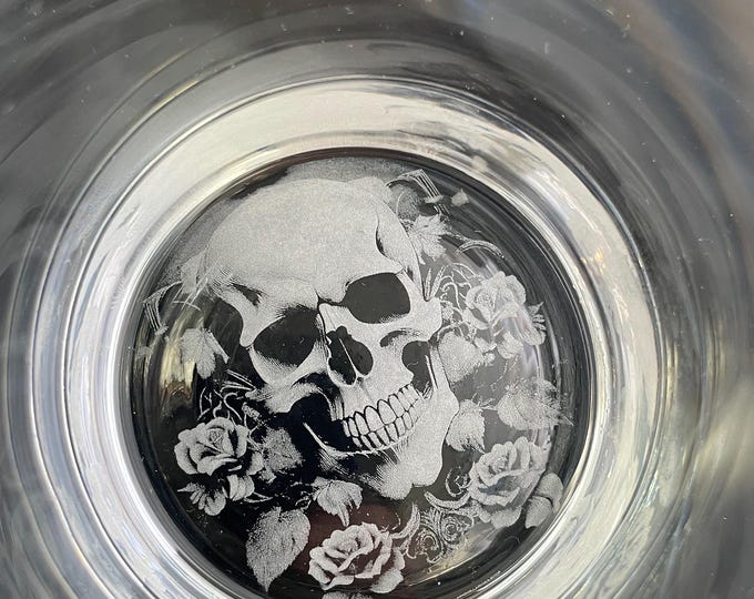 Skulls and Flowers Gothic Custom Art Glass Tumbler Laser etched~ what's your poison?