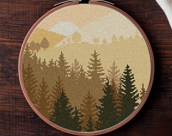 Wzór na nowoczesny haft krzyżykowy „Pejzaż” w formacie PDF, wykres haftu krzyżykowego „Las”, ścieg „Natura Xstitch”, góry, drzewa, haft, pobieranie cyfrowe