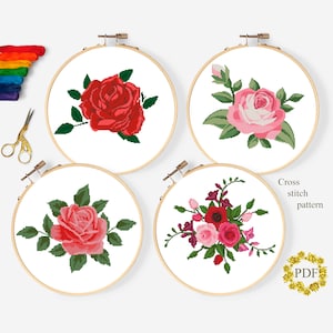 Set of Roses Modern Cross Stitch Pattern PDF, Floral Counted Cross Stitch Chart, Flowers Cross Stitch, Nature, Embroidery, Digital Download
