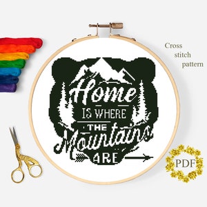 Bear Silhouette Modern Cross Stitch Pattern PDF, Mountain Landscape Counted Cross Stitch Chart, Animal, Nature Embroidery, Digital Download